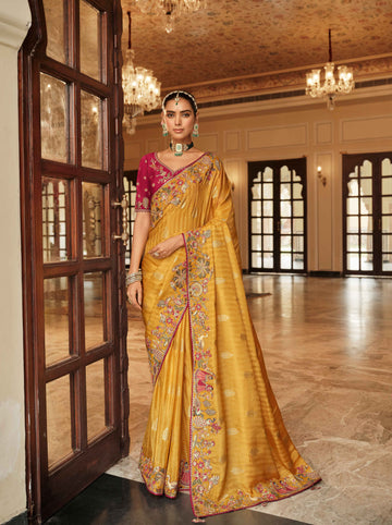 Mustard Yellow Tissue Traditional Saree with Maroon Silk Blouse & Embroidery Work - 7805